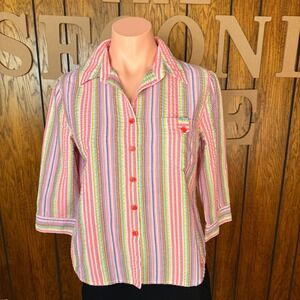 Napa Valley Seersucker Shirt Women S Pink Stripe Preppy Coquette Playground Prep